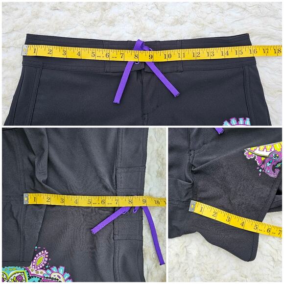 Black Board Shorts Athleta Zanzibar Size 4 Purple Paisley Graphic Print Stretch - Picture 6 of 7
